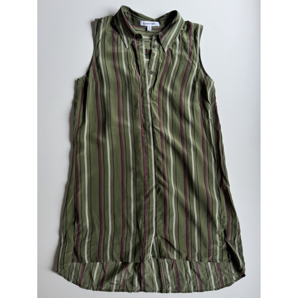 ELIZABETH AND JAMES Tunic Silk Shirt Dress Womens Green Stripe Sleeveless Collar